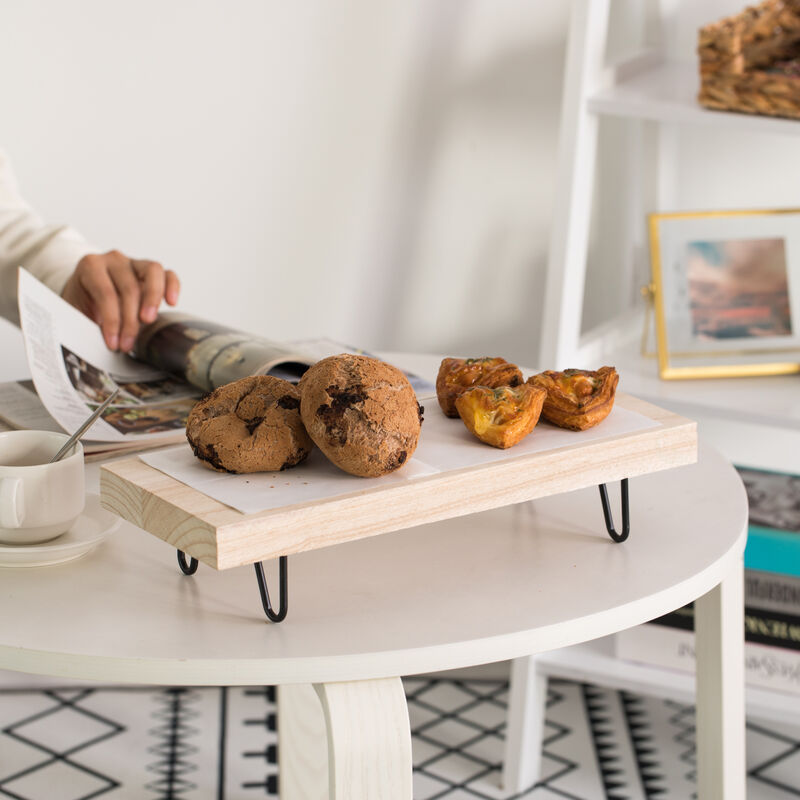 Decorative Natural Wood Rectangular Tray Serving Board with Black Metal Stand