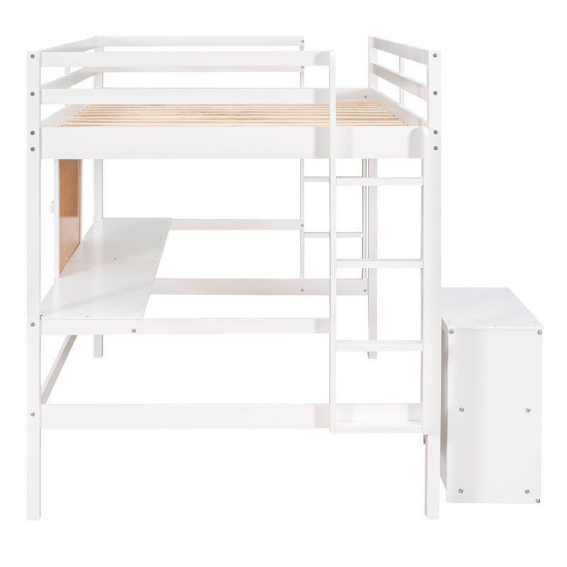 Twin Size Loft Bed With Desk And Writing Board, Wooden Loft Bed With Desk & 2 Drawers Cabinet