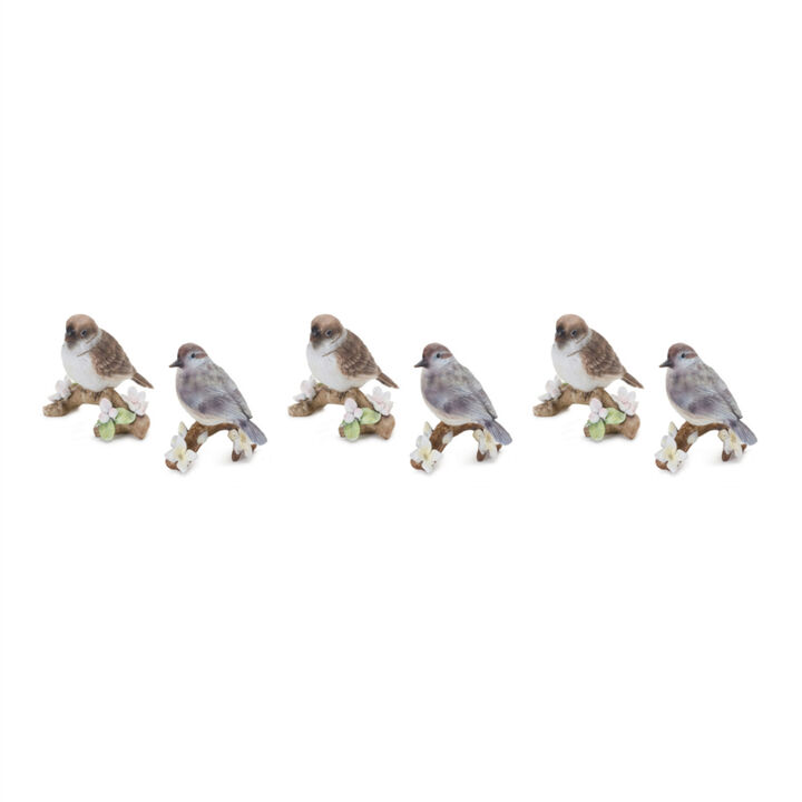 Set of 6 Resin Birds on Branch for Holiday and Home Decor