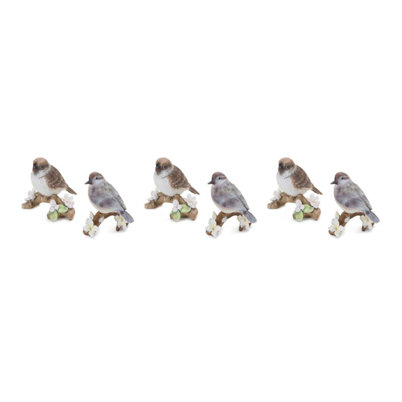 Set of 6 Resin Birds on Branch for Holiday and Home Decor