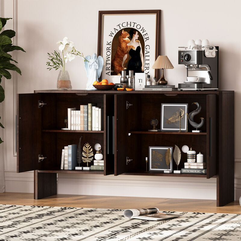 Clihome Sideboard Buffet Cabinet with Storage, Retro Sideboard Cabinet with Adjustable Shelves and Long Handles, 4-Door Wood Sideboard for Kitchen, Dining Room and Living Room (Espresso)