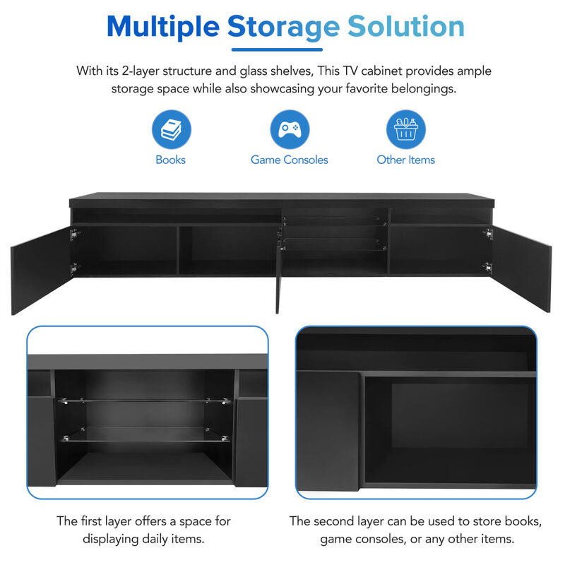 LED TV Stand with Glass Shelves & Ample Storage