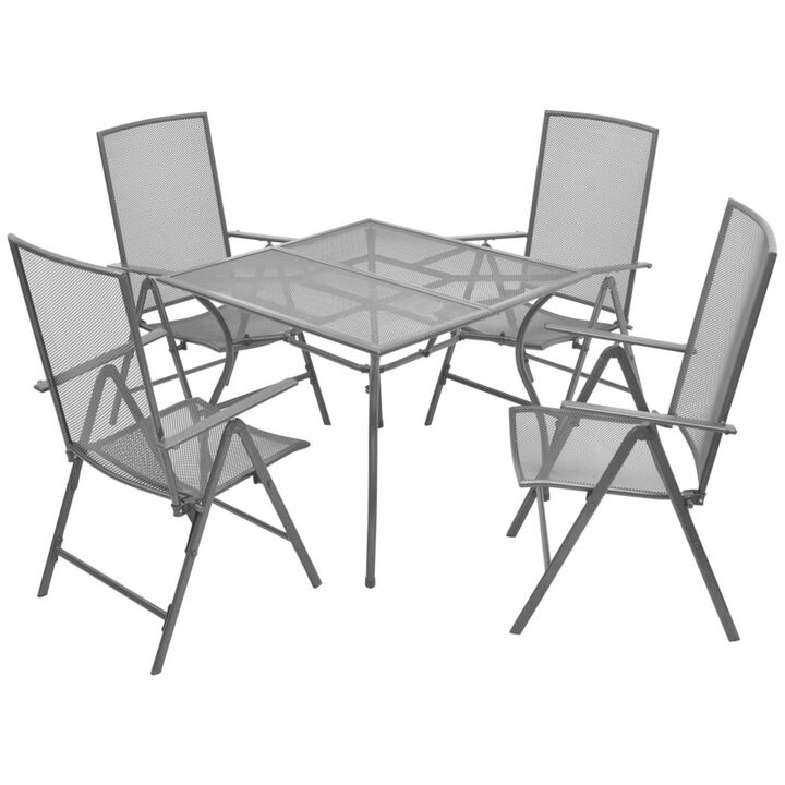 5pc Patio Dining Table Set with 4 Chairs, Square Table, Gray Metal - Benzara