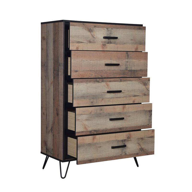 Benjara Lala 50 Inch Tall Dresser Chest, 5 Drawers, Handles, Rustic, Brown, Black