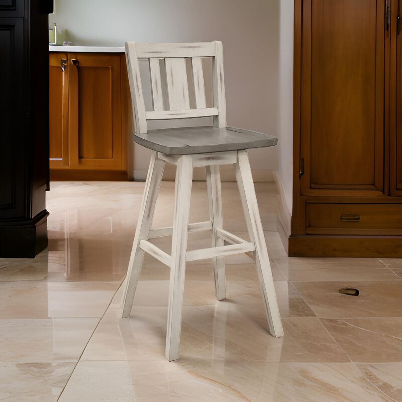 Ati 29 Inch Bar Height Stool Swivel Chairs Set of 2, Vertical Slat Back, Gray, White - Benzara