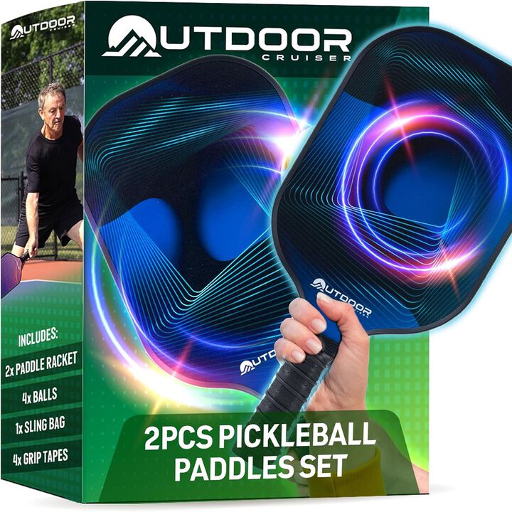 Outdoor Cruiser Pickleball Paddle Set – USAPA Approved, Premium Fiberglass Paddles with Lightweight Shock-Absorbing Grip, Includes 2 Rackets, 4 Balls, Grip Tapes, and Sling Carry Bag