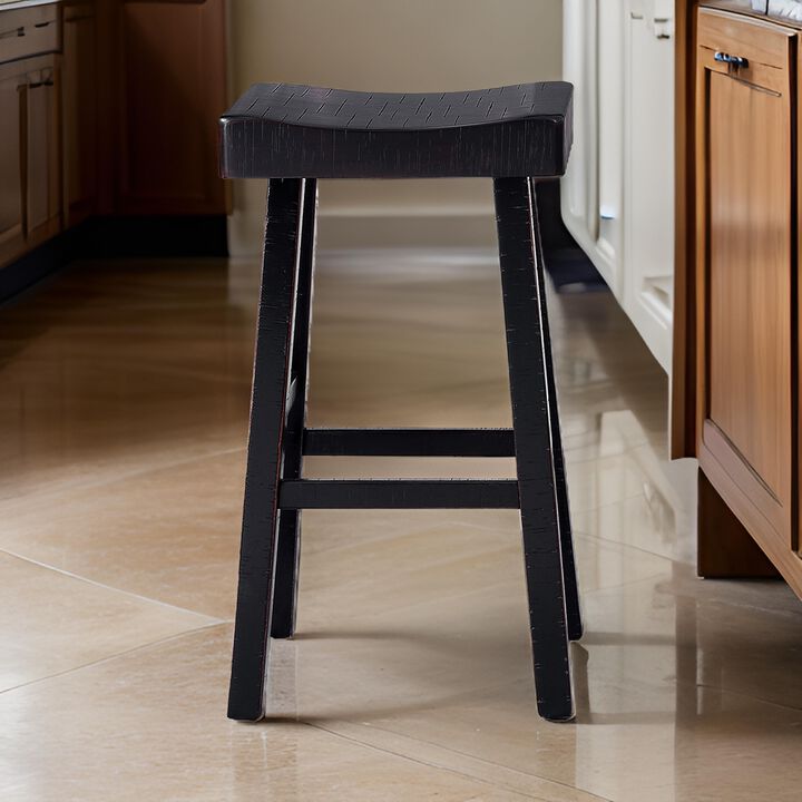 Bianca Barstool Set of 2, Saddle Seat, Farmhouses Style Black Solid Wood - Benzara