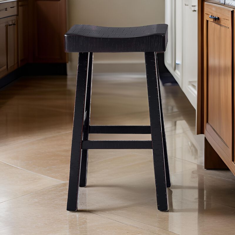 Bianca Barstool Set of 2, Saddle Seat, Farmhouses Style Black Solid Wood - Benzara