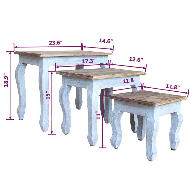 3pc Nesting End Table Set, Light Blue Turned Legs Brown Reclaimed Wood - Benzara