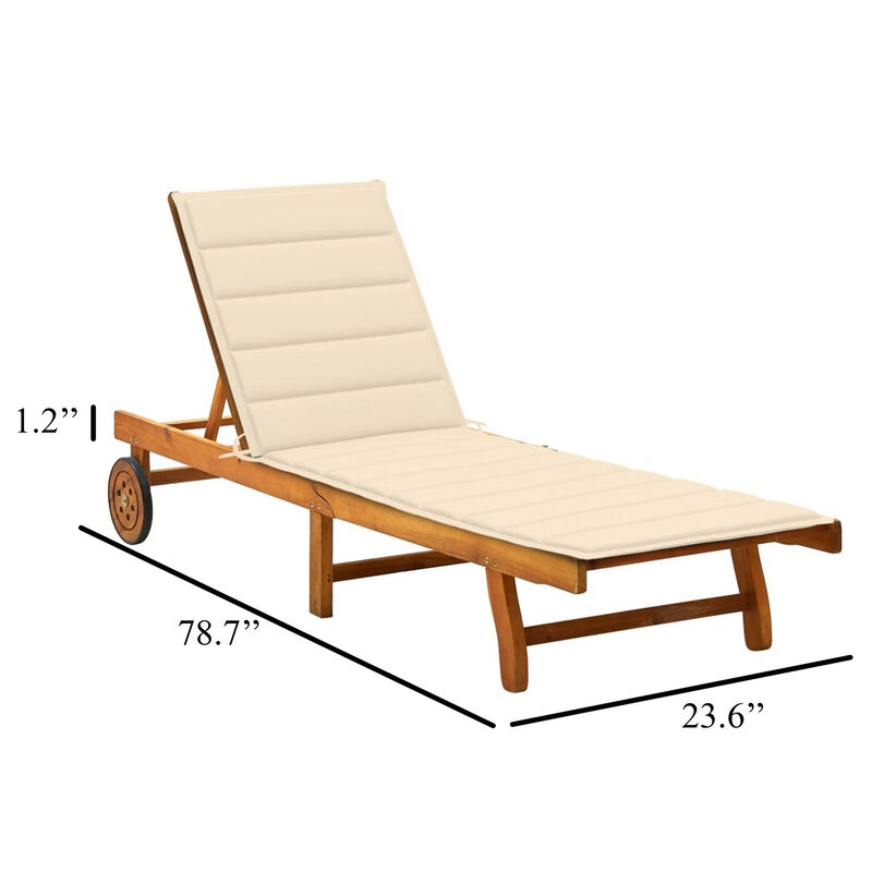 Kaye Outdoor Sun Lounger, 79 Inch Brown Acacia Wood, Cream Polyester - Benzara