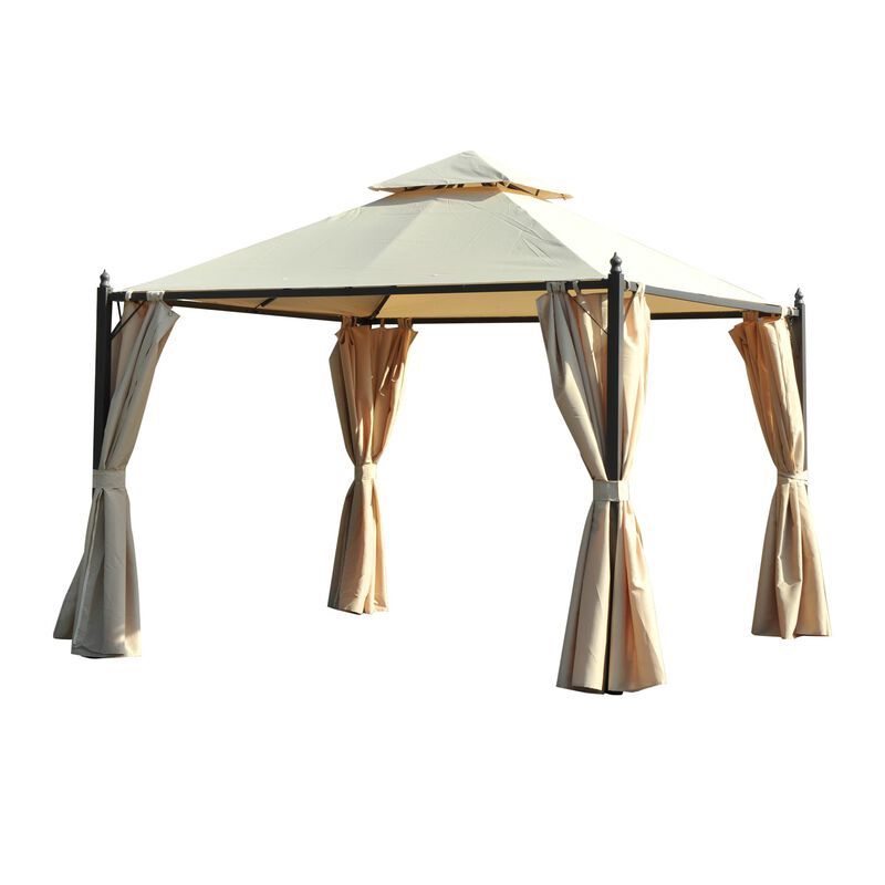 Beige Backyard Retreat: 10x10 Vented Steel Gazebo with Polyester Curtains