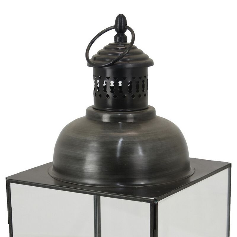 Laila Lantern, Black Metal, Glass Panels, Square Base, 18 Inch Tall - Benzara