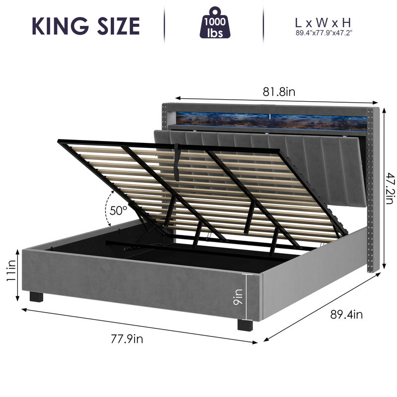 Luxury Gas Lift Storage Bed With Rf LED Lights, Storage Headboard, King Size, Velvet Grey