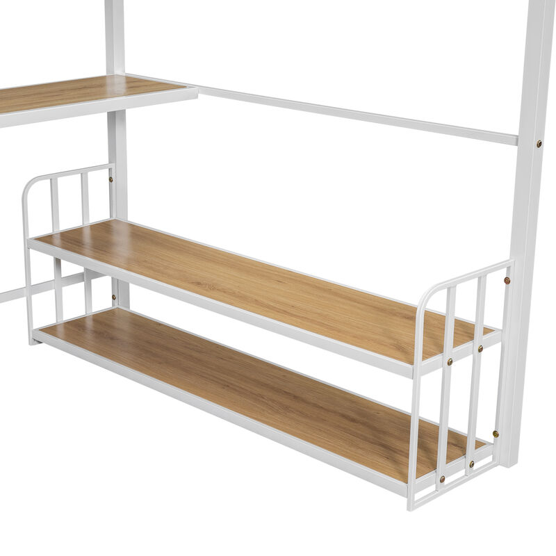 Merax Metal Loft Bed with Desk and Storage Shelves