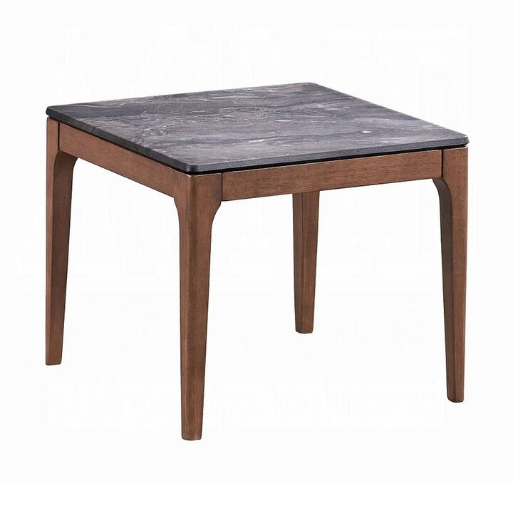 Evis Side End Table, 24 Inch Square Gray Faux Stone Top, Brown Wood - Benzara