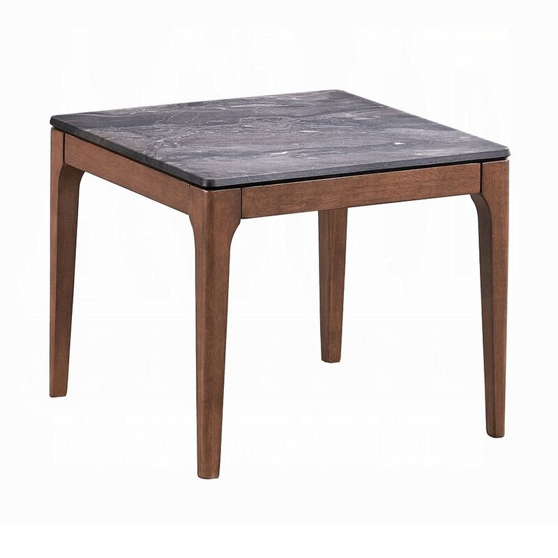 Evis Side End Table, 24 Inch Square Gray Faux Stone Top, Brown Wood - Benzara