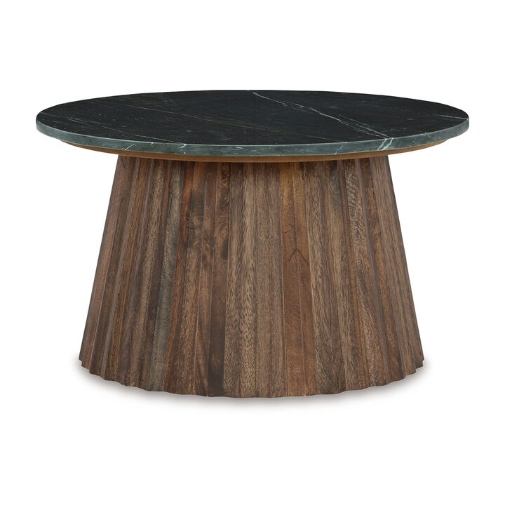 Ceil Cocktail Coffee Table, 26 Inch Fluted Flared Base, Black Marble - Benzara