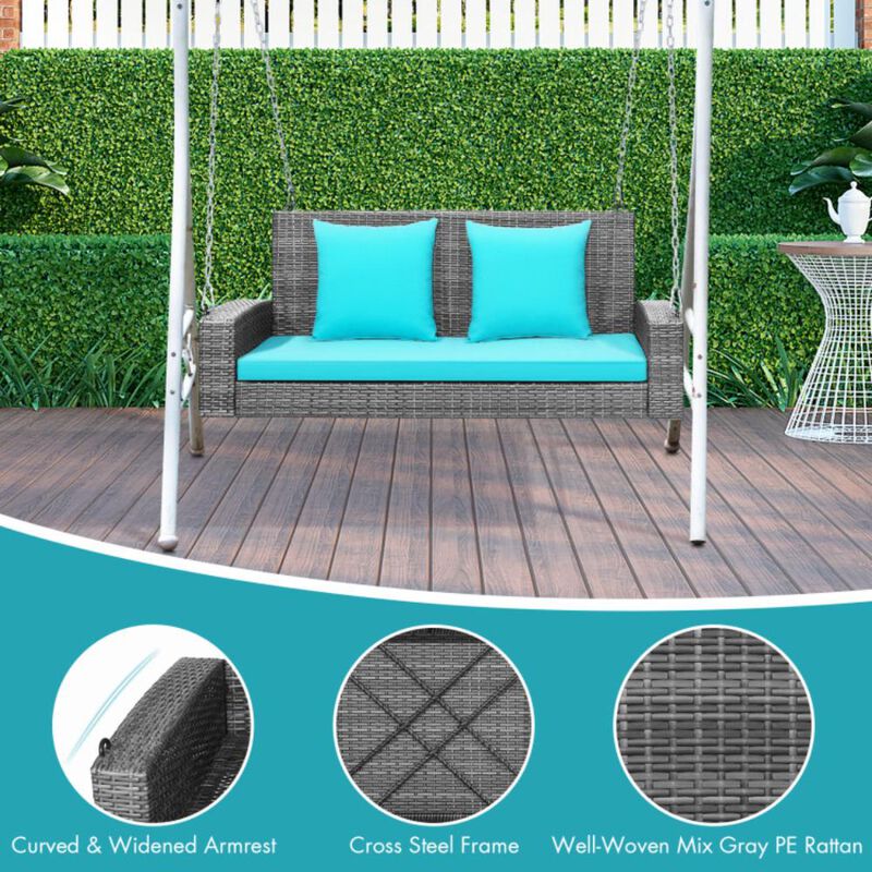 Hivvago 2-Person Patio PE Wicker Hanging Porch Swing Bench Chair Cushion 800 Pounds