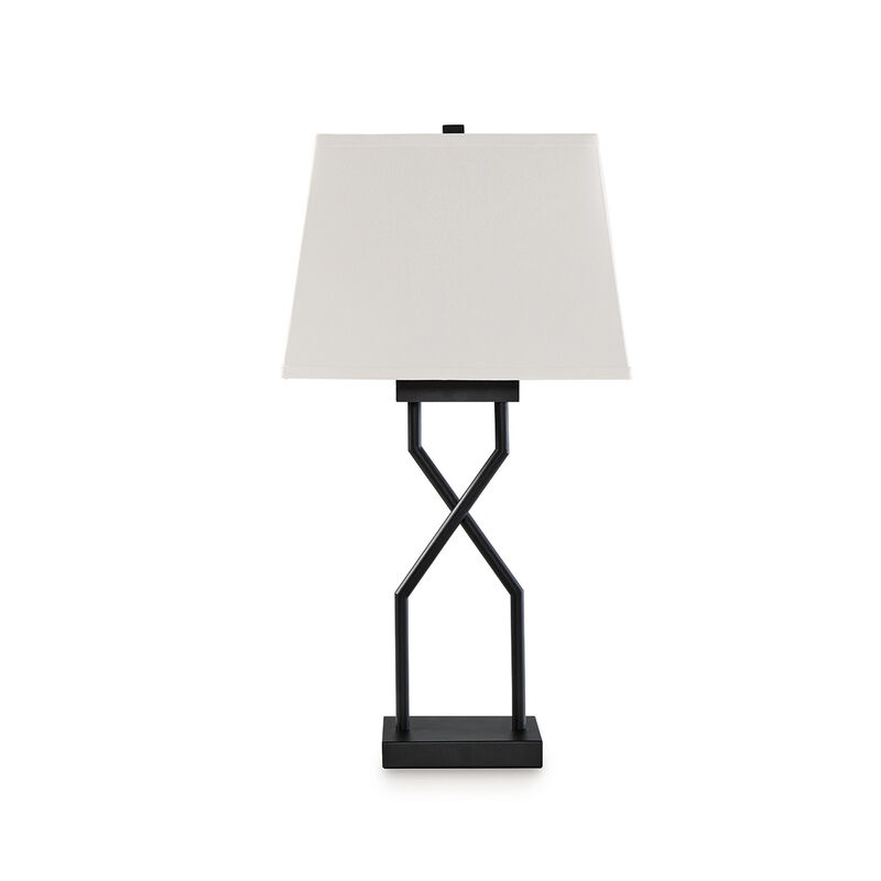 Table Lamp Set of 2, Empire Fabric Shade, Black Geometric Base w USB - Benzara