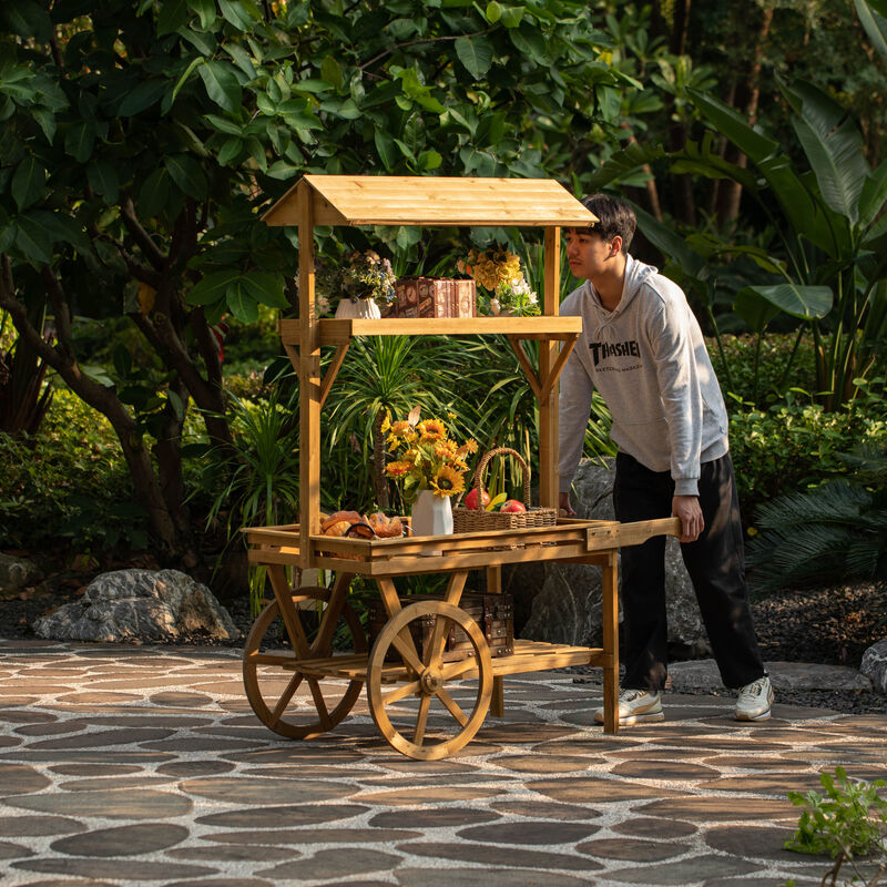 Wooden 3 Tier Rolling Table Cart With 2 Wheels for Home Decor, Display Rack, Lemonade stand, Food Stand, or Tea Stall