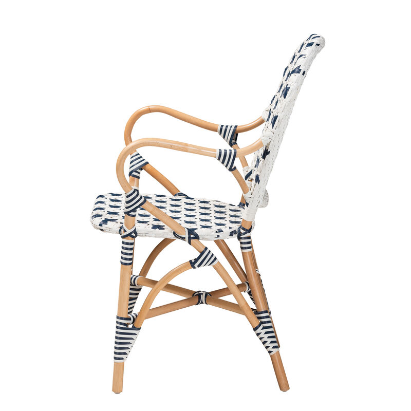 Bali & Pari Bryson Modern French Blue and White Weaving and Natural Rattan Bistro Chair
