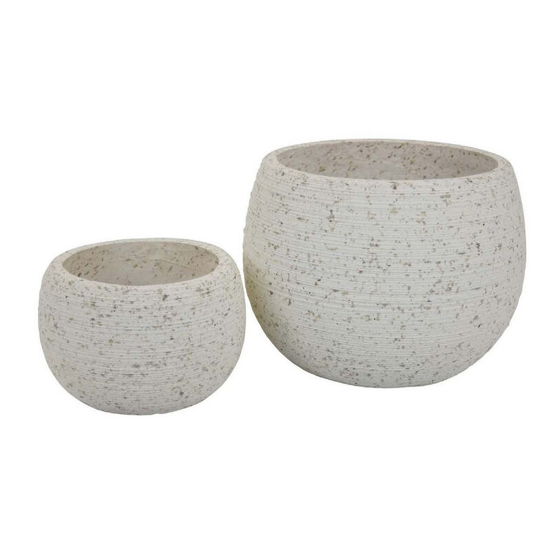 Line 10 Inch Planter Set of 2, Round Shaped Resin Body, Textured White - Benzara