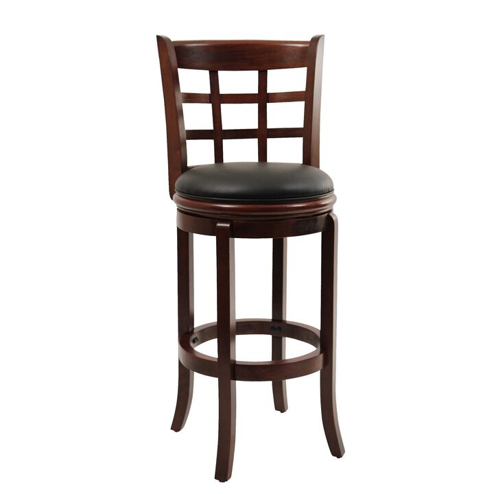 Sabi 29 inch Swivel Counter Stool, Solid Wood, Faux Leather, Brown, Black-Benzara