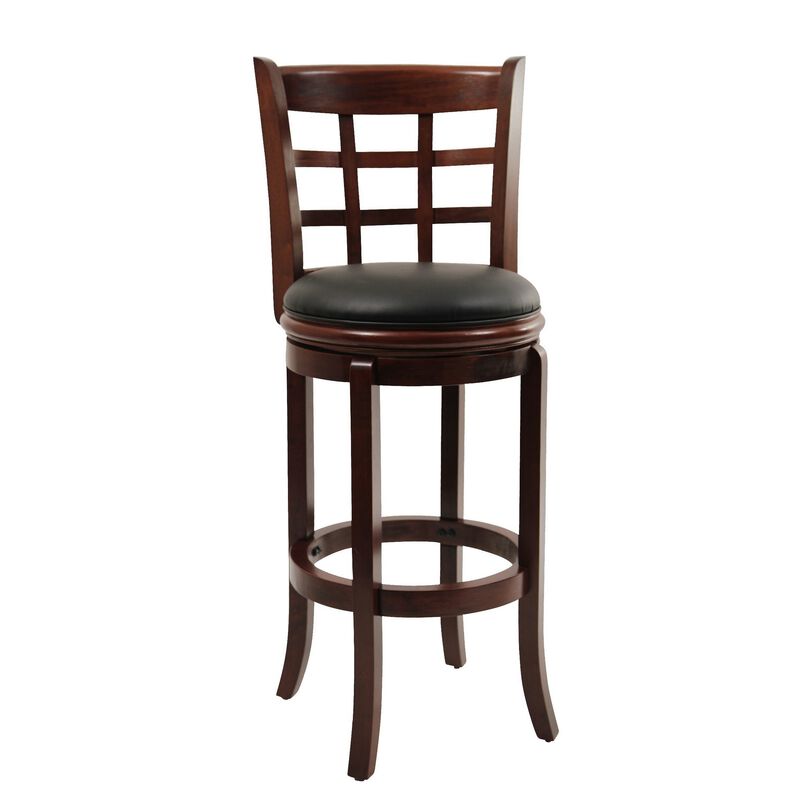 Sabi 29 inch Swivel Counter Stool, Solid Wood, Faux Leather, Brown, Black-Benzara