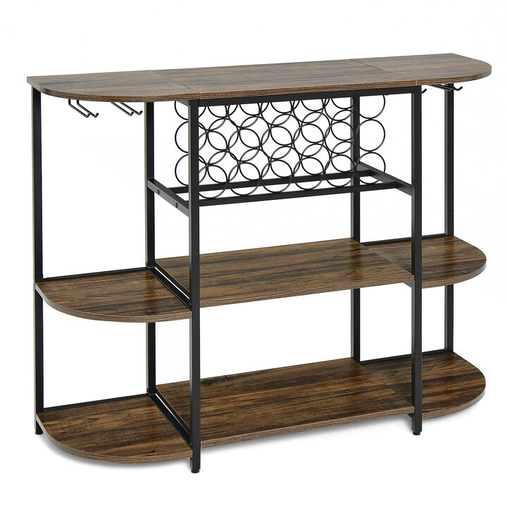 47 Inches Wine Rack Table with Glass Holder and Storage Shelves - Rustic Brown
