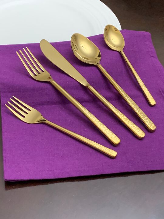 20 Piece Gold Flatware Set, Service for 4-Hammered