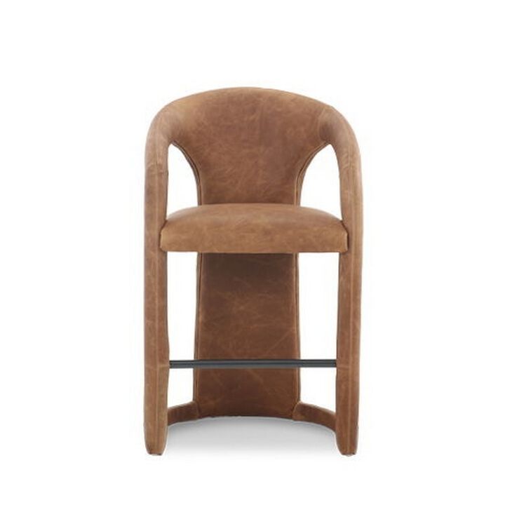 Chie Counter Stool Chair, Curved Back, Brown Leather, Stainless Steel - Benzara
