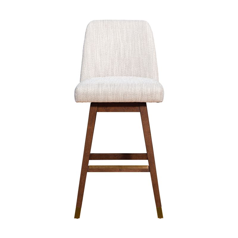 Lara 30 Inch Swivel Barstool Chair, Soft Beige Polyester, Brown Wood Legs-Benzara