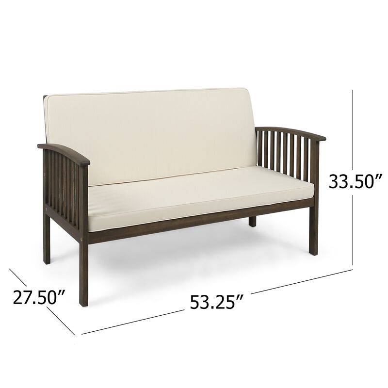 Gerry Outdoor Loveseat, Slat Panel Design, 53 Inch, Ivory Cushions - Benzara