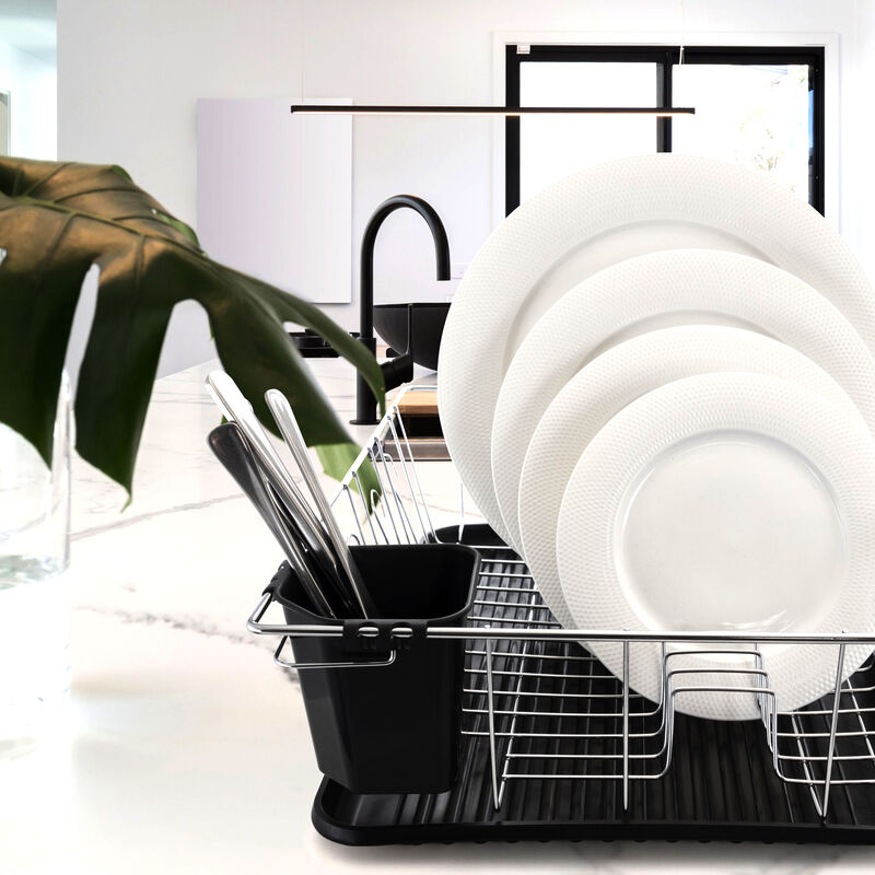 Megachef 16 Inch Chrome Plated and Plastic Counter Top Drying Dish Rack in Black