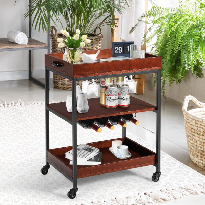 Hivvago 3 Tiers Kitchen Island Serving Bar Cart with Glasses Holder and Wine Bottle Rack