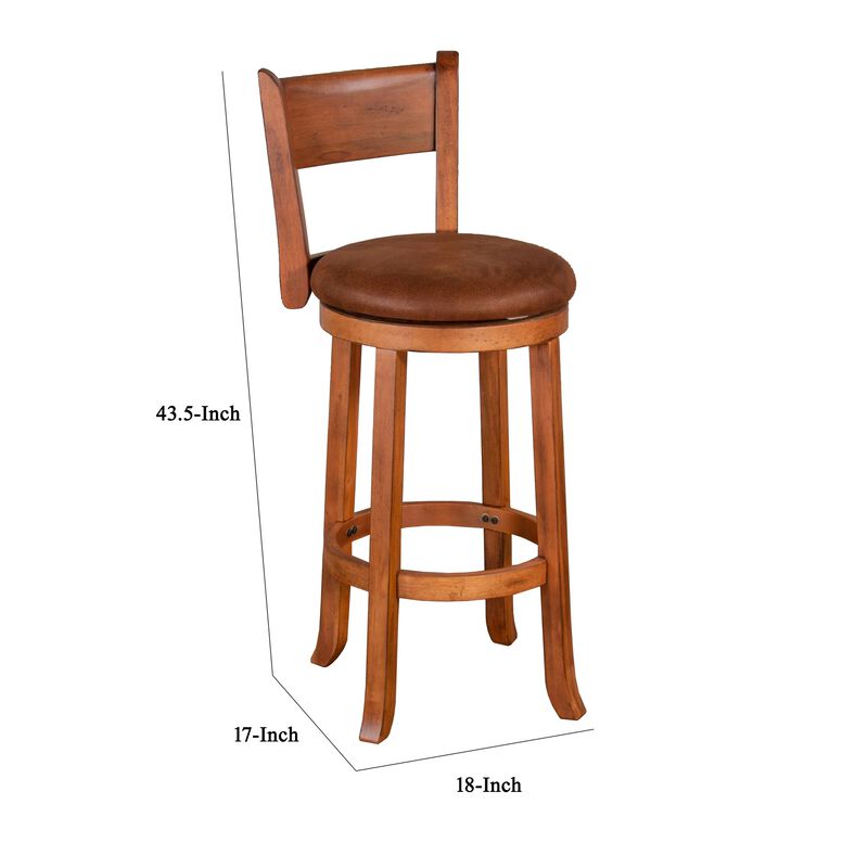 Marv Swivel Barstool Chair Set of 2, Brown Faux Leather, Mahogany Wood - Benzara
