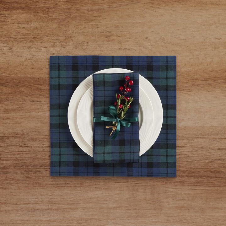Solino Home 100% Pure Linen Square Placemats 14 x 14 Inch Set of 4 | Blackwatch Plaid