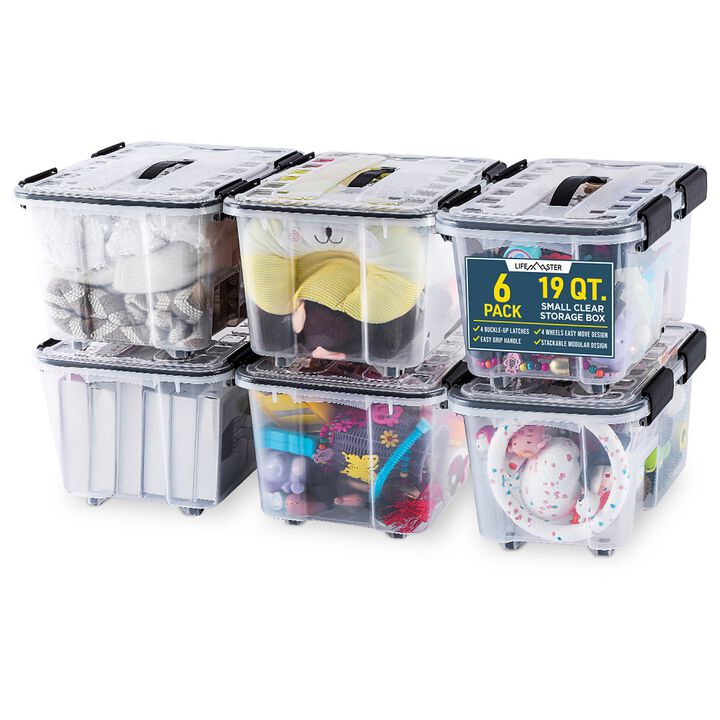 Stackable Storage Box Set - 6 Pieces 32 Quarts Multi-purpose, Space-Efficient Stackable Storage Boxes with Nestable Design, Secure Latches, Easy-Move Wheels & Pull-Out Base - Clear