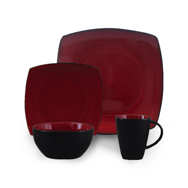 Gibson Soho Lounge 16 Piece Square Stoneware Dinnerware Set in Red and Black