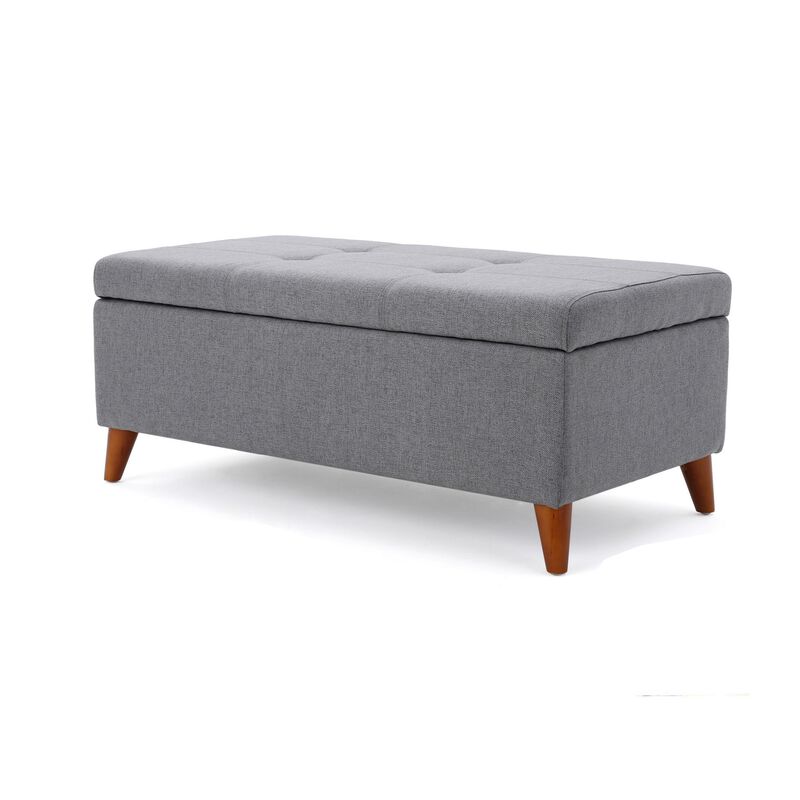 Storage Ottoman Bench, Gray Fabric Cushions, Brown Wood Legs, 38 Inch - Benzara