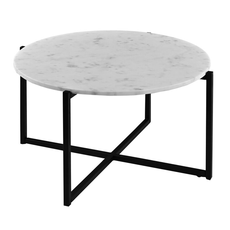 Ivy 30 Inch Marble Top Round Coffee Table with Metal Frame, White and Black-Benzara