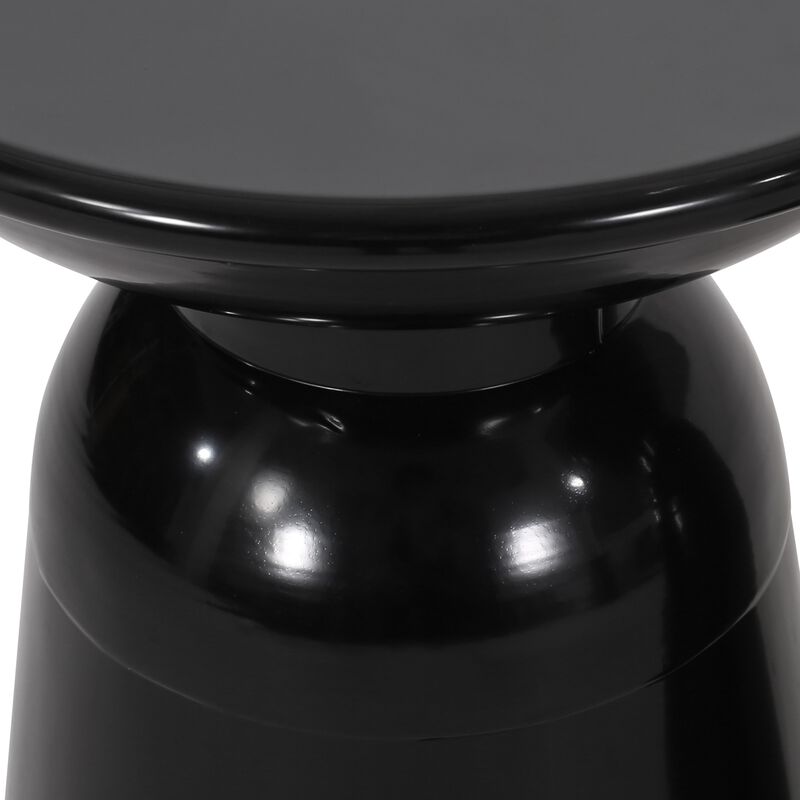Suma Outdoor End Table, Round 15 Inch Top, Pedestal Base, Black Iron - Benzara