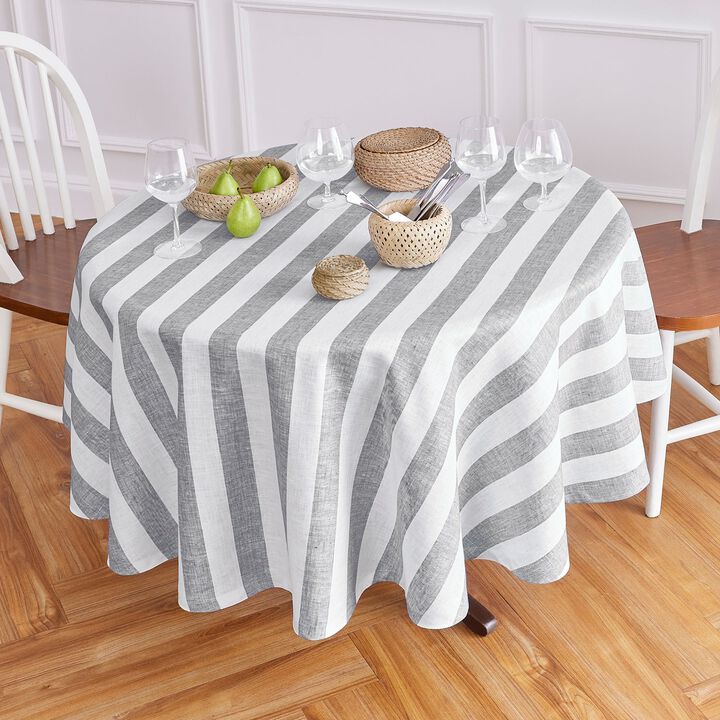 Solino Home 100% Pure Linen Round Tablecloth | Cabana Stripe for Spring & Easter