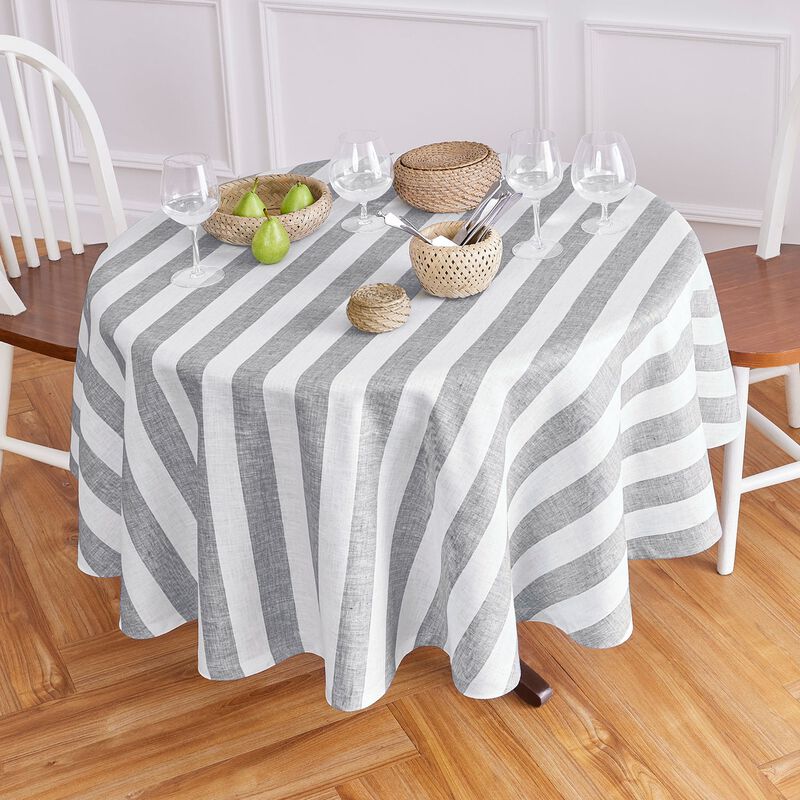 Solino Home 100% Pure Linen Round Tablecloth | Cabana Stripe for Spring & Easter