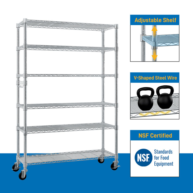 6-Tier Shelving Unit Disassemblable Storage Rack with Wheels for Easy Mobility