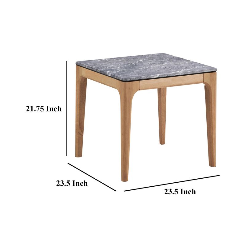 Aris Side End Table, 24 Inch Gray Faux Marble, Square Light Oak Wood - Benzara