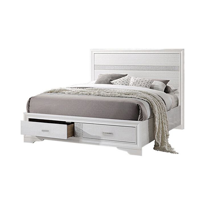 Contemporary Queen Bed with Drawers and Glittering Stripes, White-Benzara