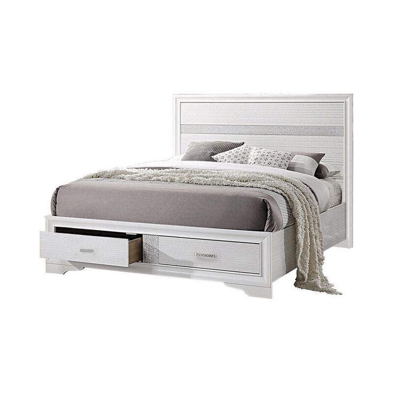 Contemporary Queen Bed with Drawers and Glittering Stripes, White-Benzara