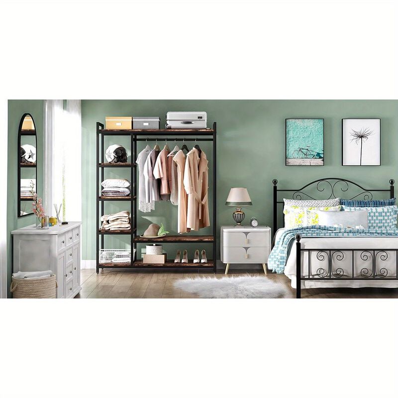 Large Free-standing Closet, Standing Clothes Garment Rack, Organizer with 6 Storage Shelves and Hanging Bar