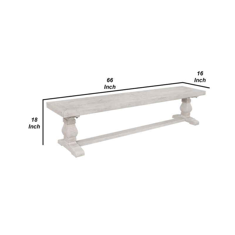 Kai 66 Inch Reclaimed Pine Dining Bench, Turned Pedestals, Antique White-Benzara